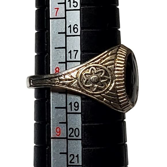 Silver Tone Ring Black Enamel Cabochon Sz 8 Floral - Picture 3 of 5